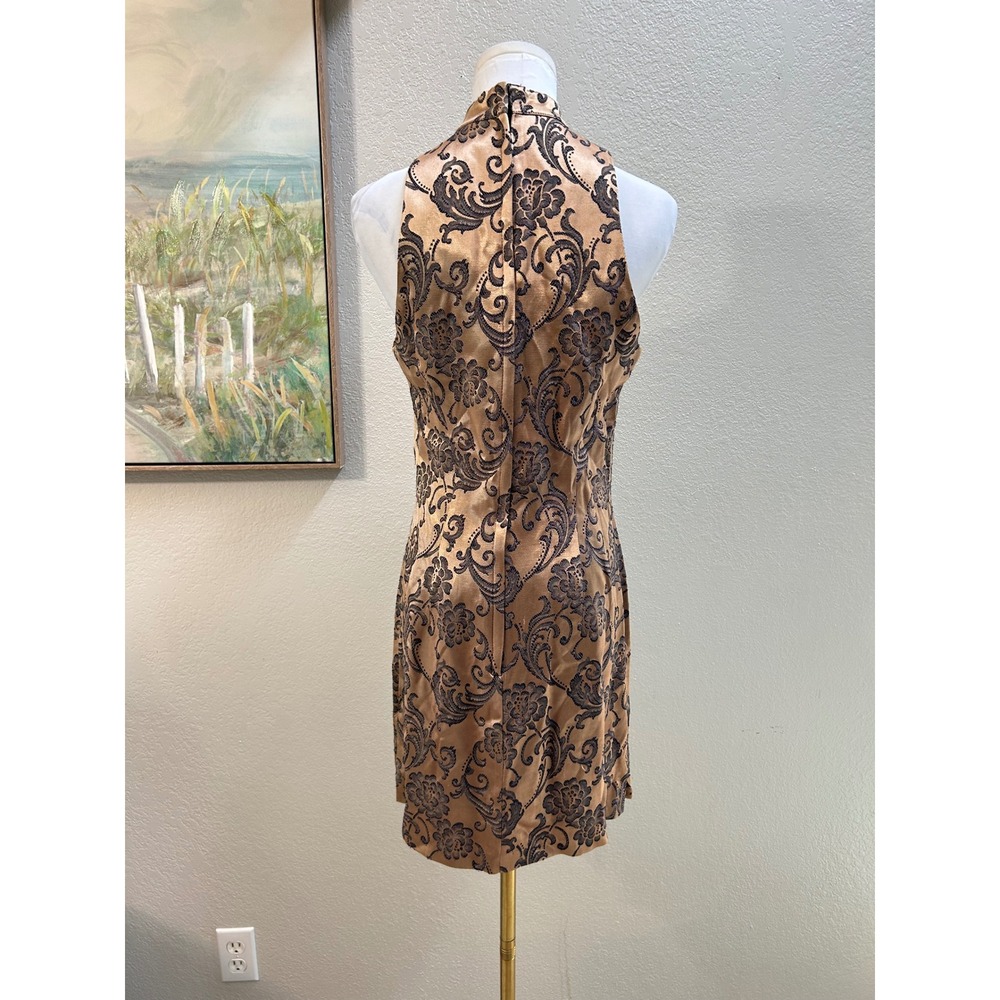 Roberta Vintage Gold Black Floral Damask Mandarin Collar Mini Dress 5/6 USA - Picture 3 of 8